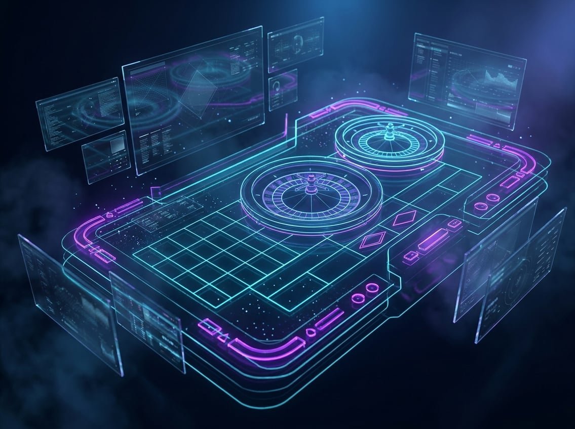 Futuristic digital casino interface with cyan and violet neon accents